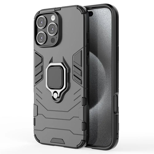 For iPhone 16 Pro Max Case PC+TPU Hybrid Phone Cover with Ring Kickstand - Black - 1