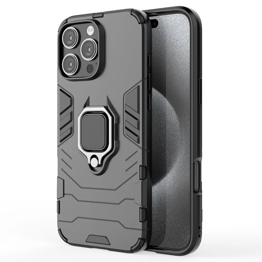 For iPhone 16 Pro Max Case PC+TPU Hybrid Phone Cover with Ring Kickstand - Black - 1