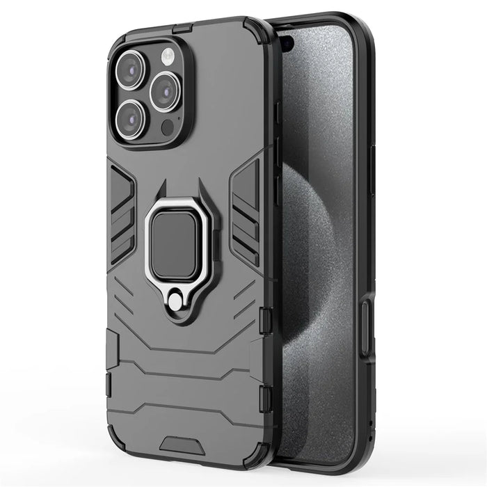 For iPhone 16 Pro Max Case PC+TPU Hybrid Phone Cover with Ring Kickstand - Black - 1