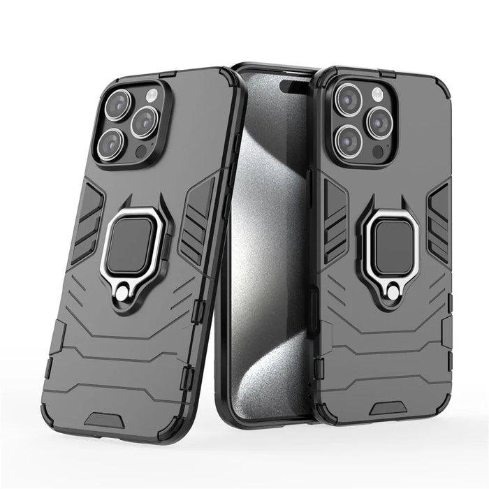 For iPhone 16 Pro Max Case PC+TPU Hybrid Phone Cover with Ring Kickstand - Black - 2