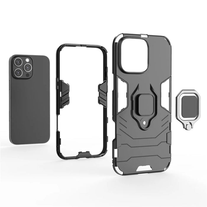 For iPhone 16 Pro Max Case PC+TPU Hybrid Phone Cover with Ring Kickstand - Black - 3
