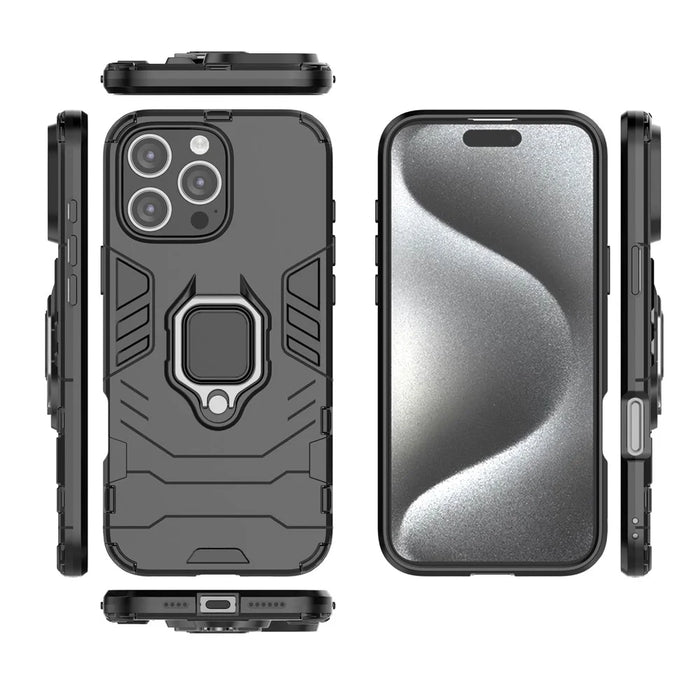 For iPhone 16 Pro Max Case PC+TPU Hybrid Phone Cover with Ring Kickstand - Black - 5