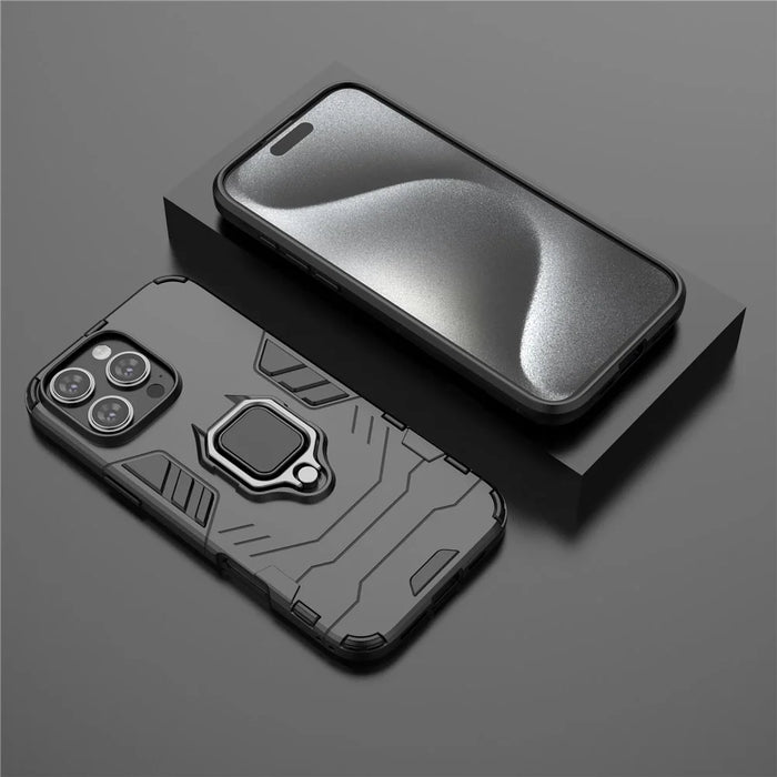 For iPhone 16 Pro Max Case PC+TPU Hybrid Phone Cover with Ring Kickstand - Black - 6