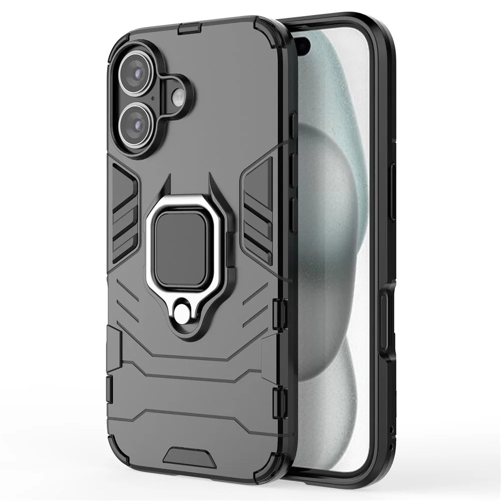 For iPhone 16 Case PC+TPU Ring Holder Kickstand Phone Armor Cover - Black - 1