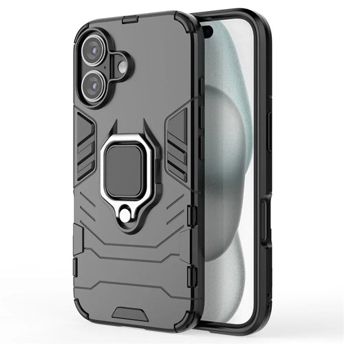 For iPhone 16 Case PC+TPU Ring Holder Kickstand Phone Armor Cover - Black - 1