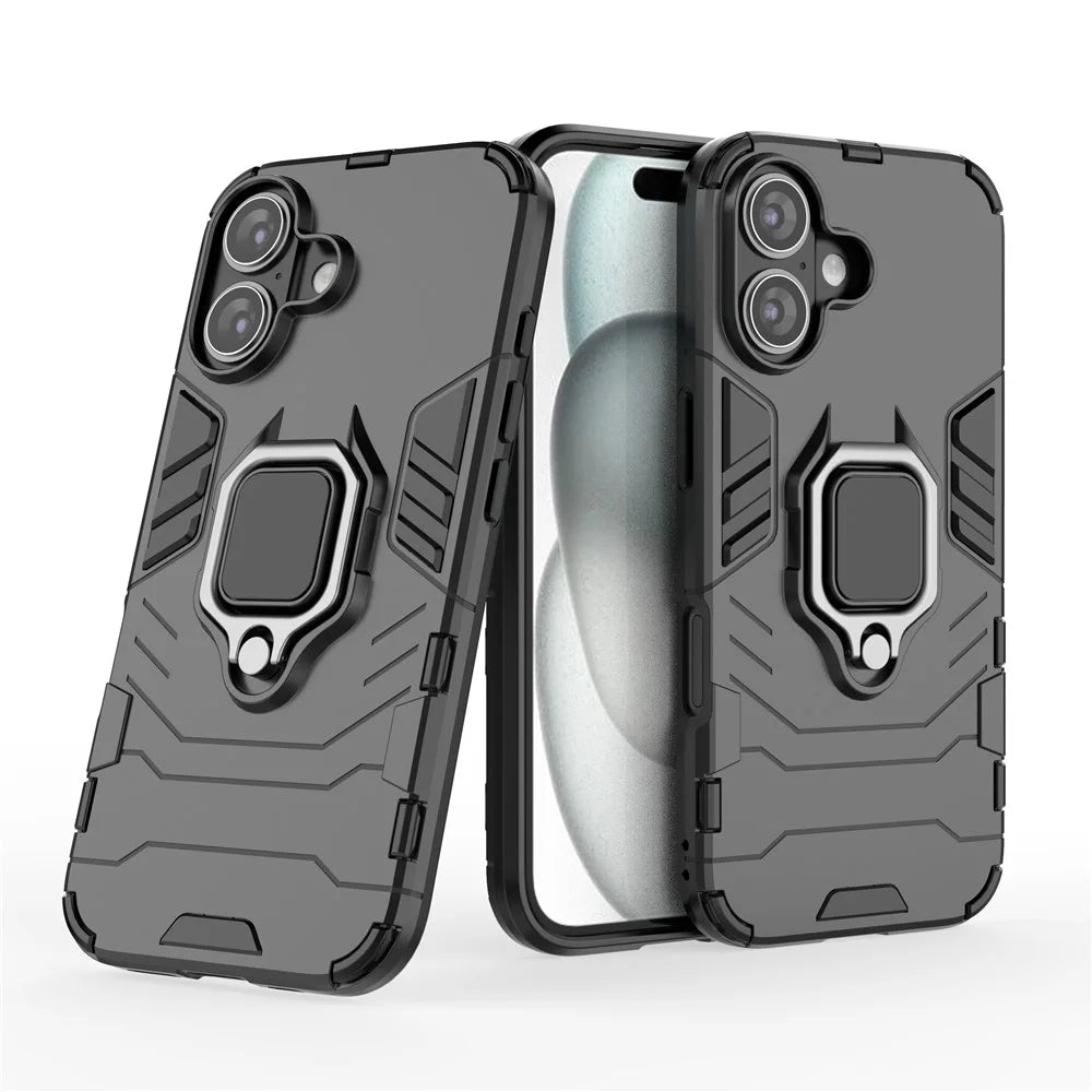For iPhone 16 Case PC+TPU Ring Holder Kickstand Phone Armor Cover - Black - 2