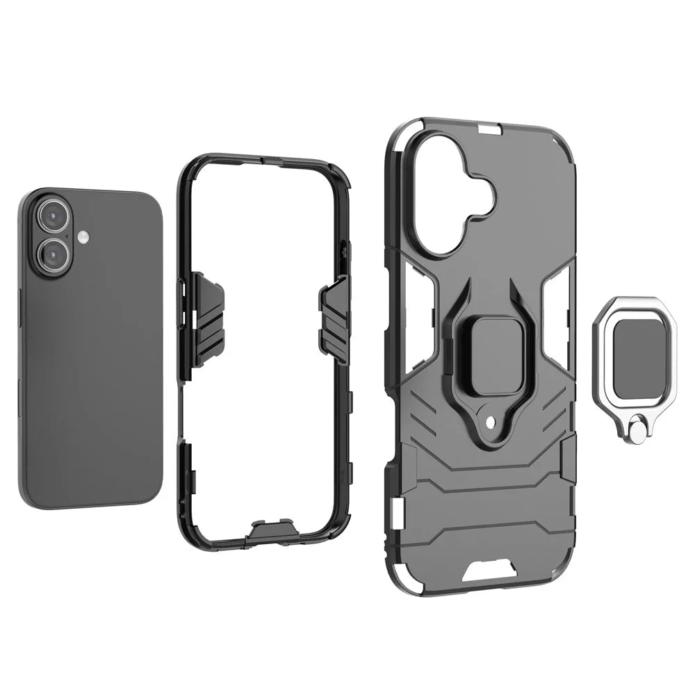 For iPhone 16 Case PC+TPU Ring Holder Kickstand Phone Armor Cover - Black - 3