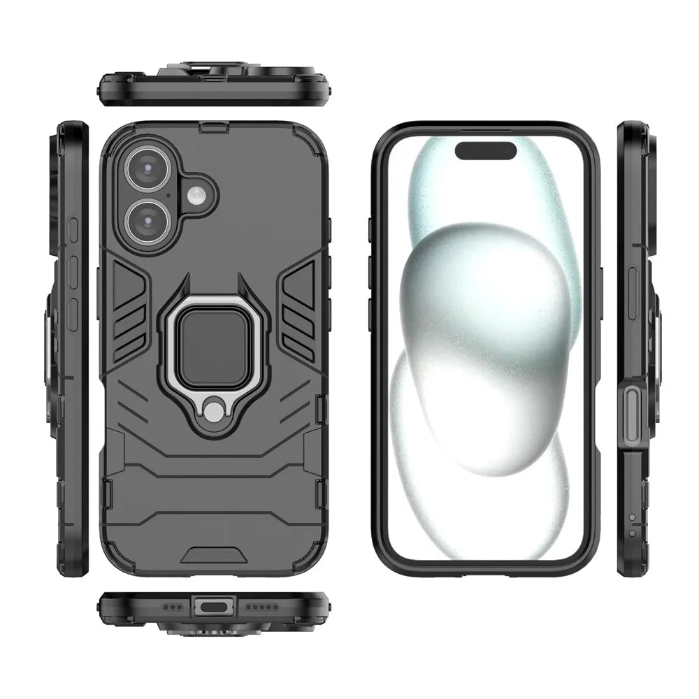 For iPhone 16 Case PC+TPU Ring Holder Kickstand Phone Armor Cover - Black - 5