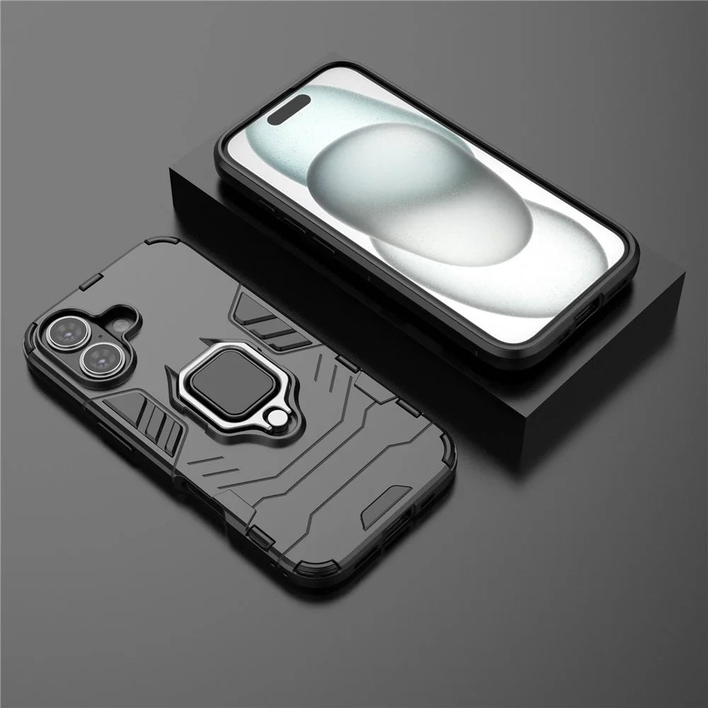For iPhone 16 Case PC+TPU Ring Holder Kickstand Phone Armor Cover - Black - 6