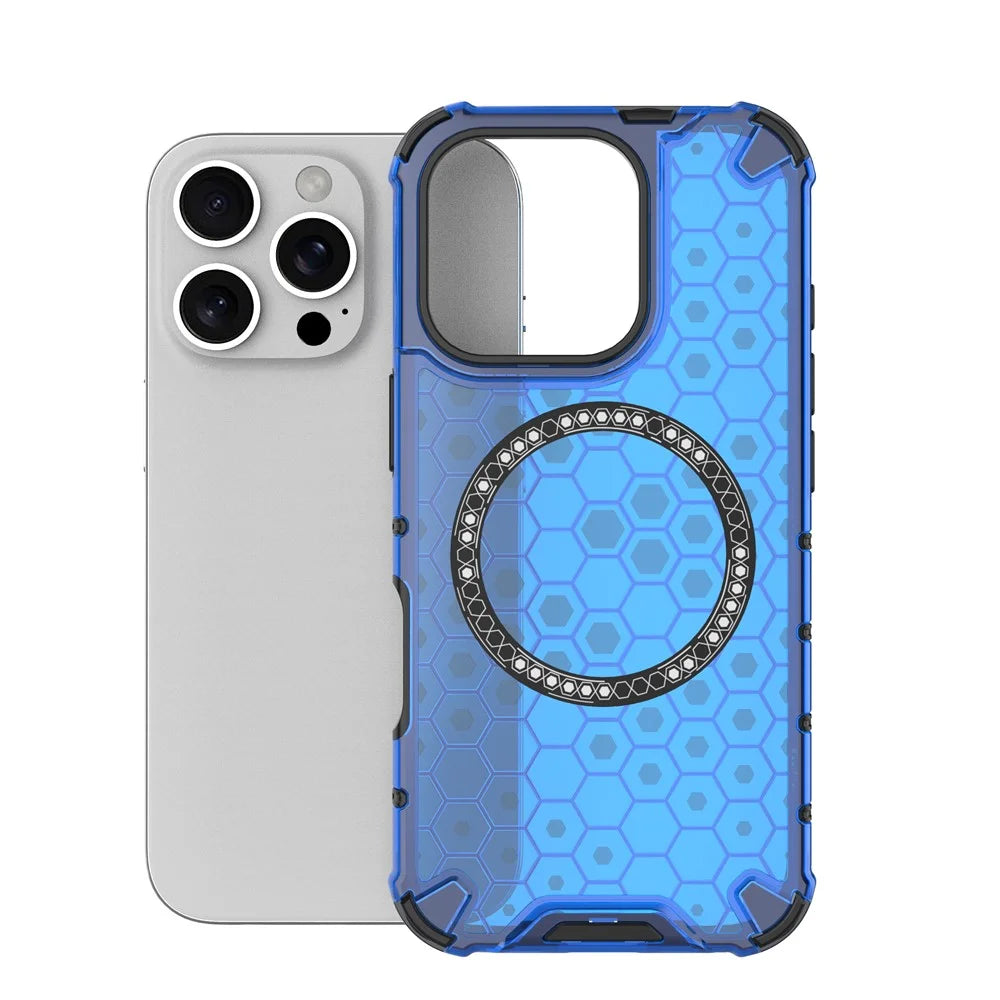 For iPhone 16 Pro Magnetic Case Reinforced Corner Honeycomb TPU+PC Phone Cover - Blue - 4
