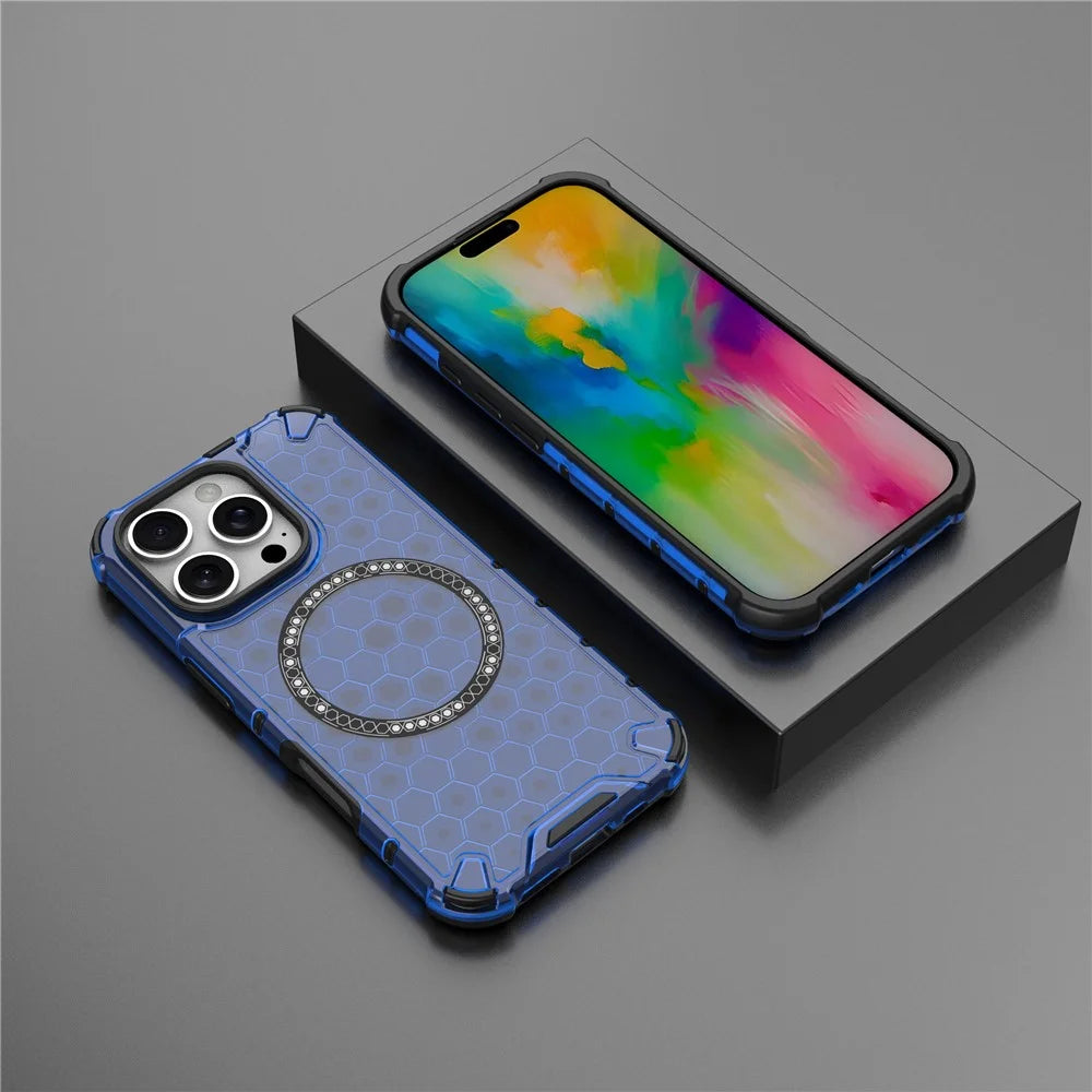 For iPhone 16 Pro Magnetic Case Reinforced Corner Honeycomb TPU+PC Phone Cover - Blue - 6