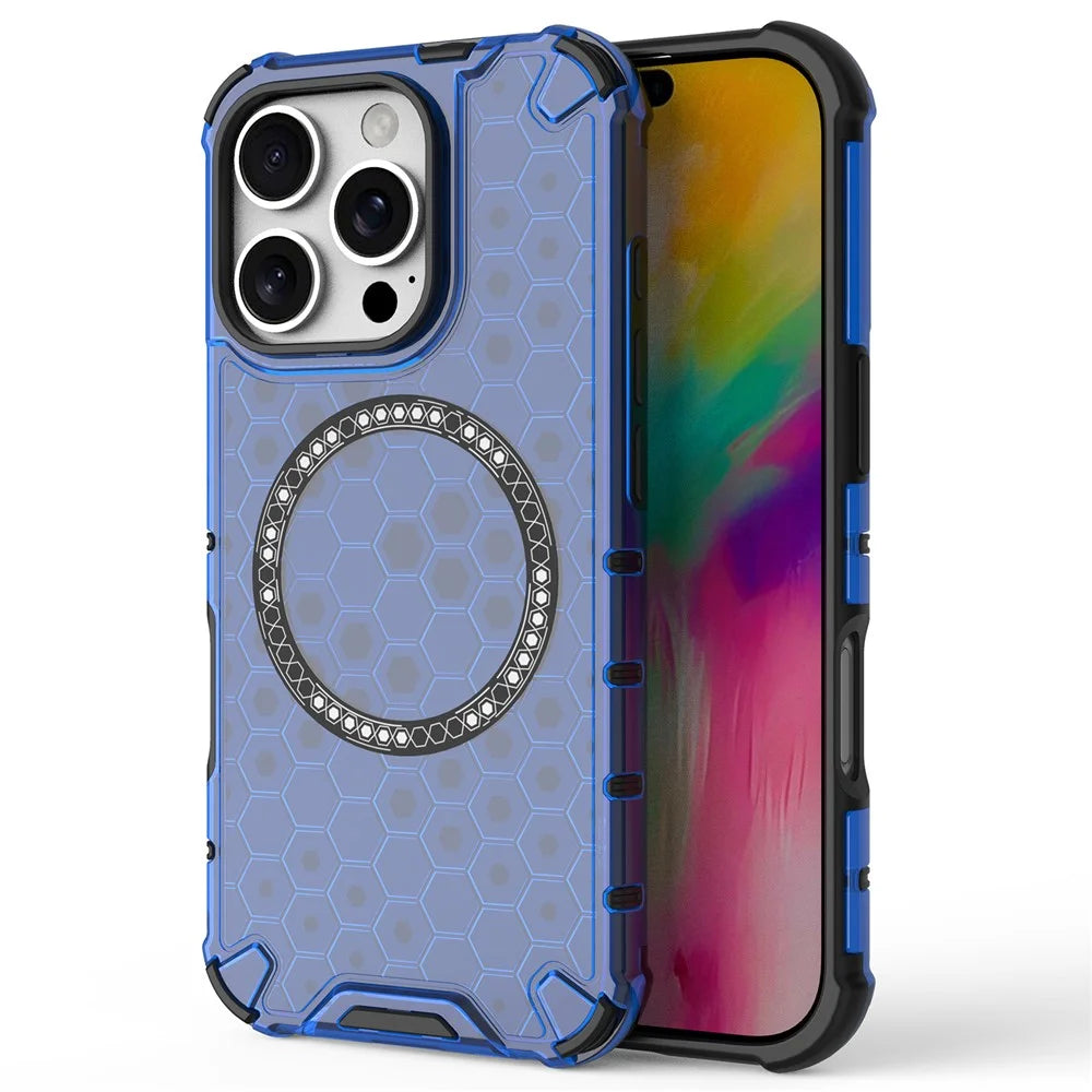 For iPhone 16 Pro Max Magnetic Case TPU+PC Dual Layer Honeycomb Phone Cover - Blue - 1
