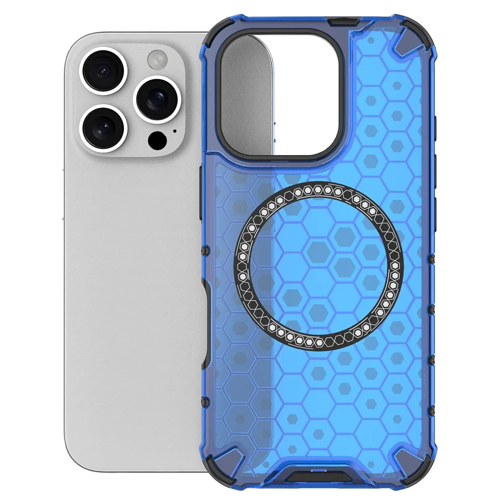 For iPhone 16 Pro Max Magnetic Case TPU+PC Dual Layer Honeycomb Phone Cover - Blue - 4