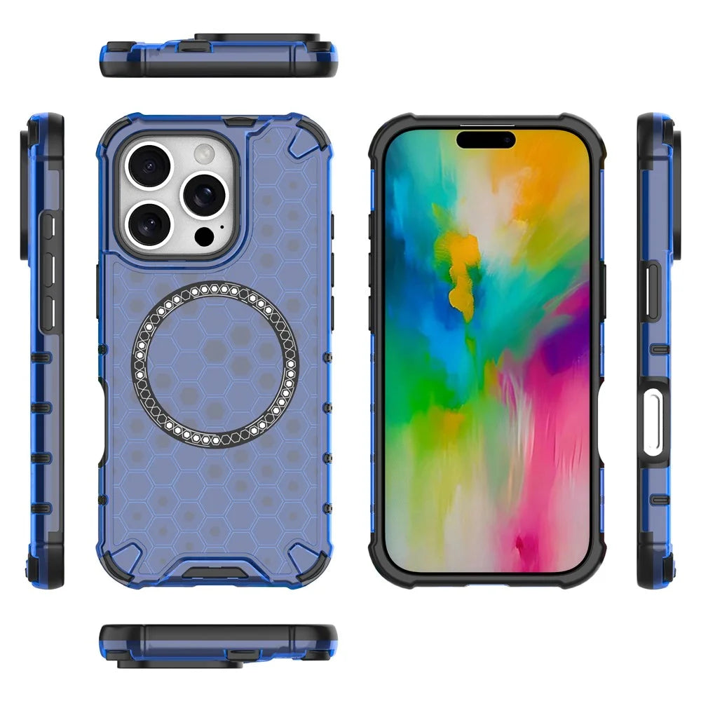 For iPhone 16 Pro Max Magnetic Case TPU+PC Dual Layer Honeycomb Phone Cover - Blue - 5