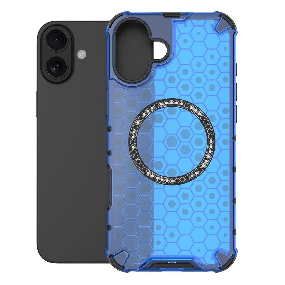 For iPhone 16 Plus Magnetic Phone Case Honeycomb TPU+PC Hybrid Cover - Blue - 4