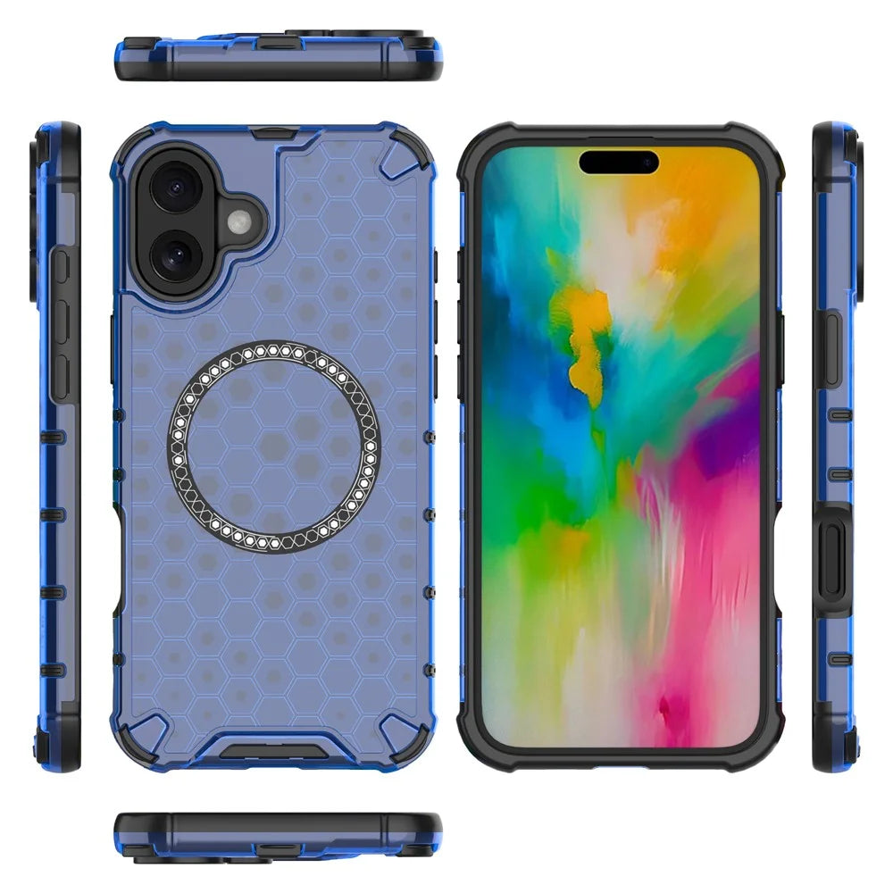 For iPhone 16 Plus Magnetic Phone Case Honeycomb TPU+PC Hybrid Cover - Blue - 5