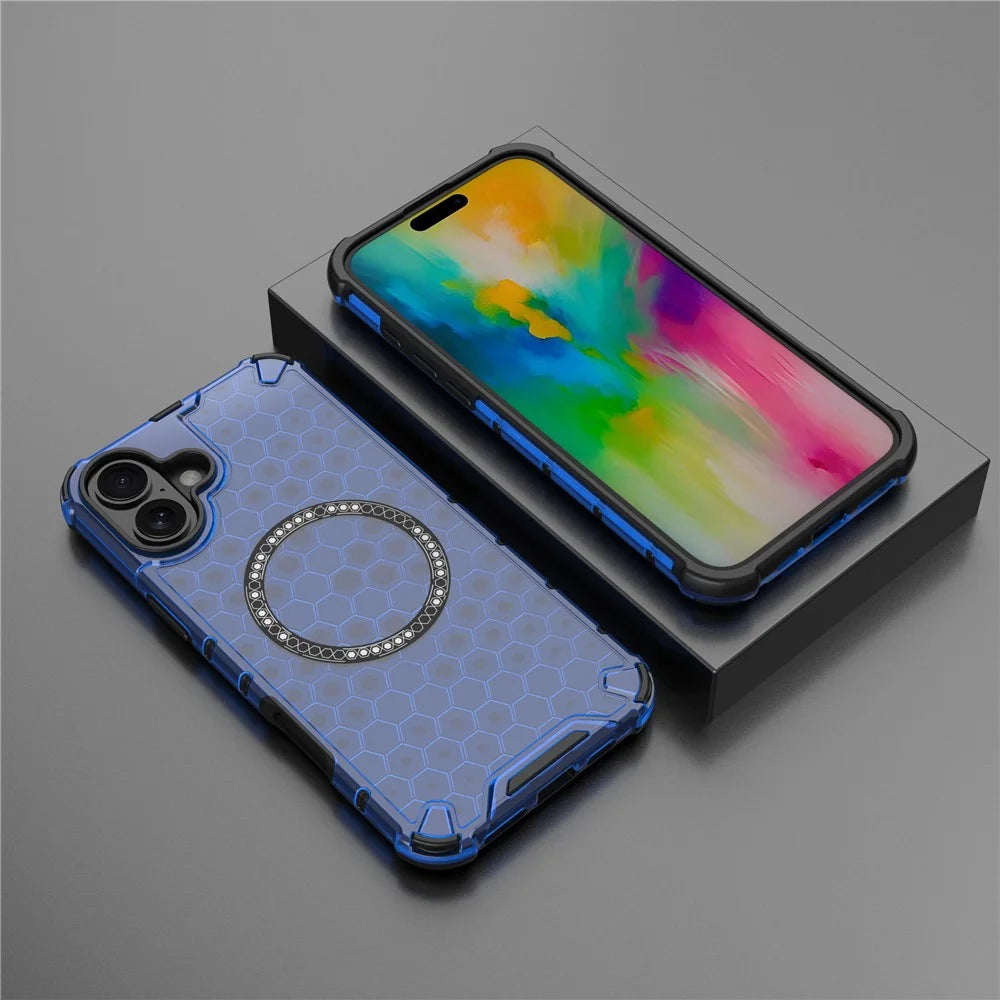 For iPhone 16 Plus Magnetic Phone Case Honeycomb TPU+PC Hybrid Cover - Blue - 6