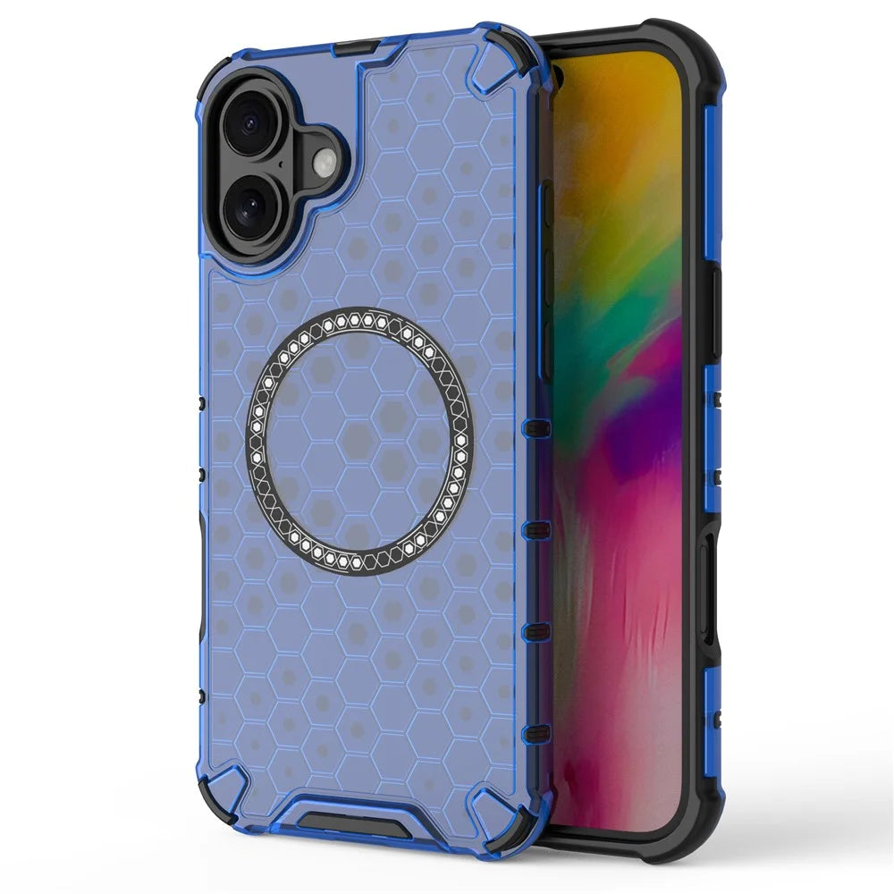 For iPhone 16 Magnetic Case Honeycomb Design TPU+PC Phone Cover Air Cushion Protection - Blue - 1
