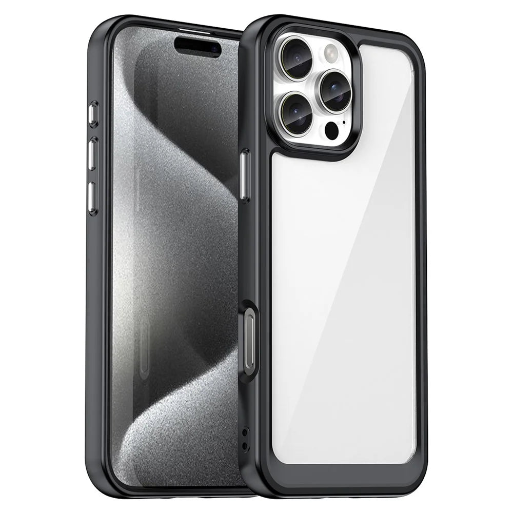 For iPhone 16 Pro Max Case TPU +Acrylic Shockproof Protective Clear Phone Cover - Black - 1