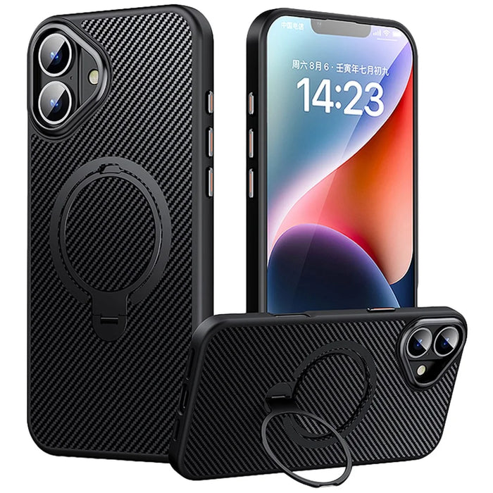 For iPhone 16 Plus Magnetic Case Ring Holder Kickstand PC+TPU Shockproof Phone Cover - Black - 1