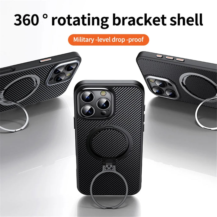 For iPhone 16 Pro Max Magnetic Case Carbon Fiber Texture PC+TPU Phone Cover Rotatable Kickstand - Black - 2