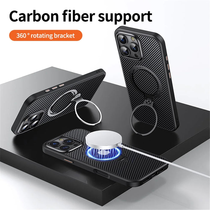 For iPhone 16 Pro Max Magnetic Case Carbon Fiber Texture PC+TPU Phone Cover Rotatable Kickstand - Black - 3