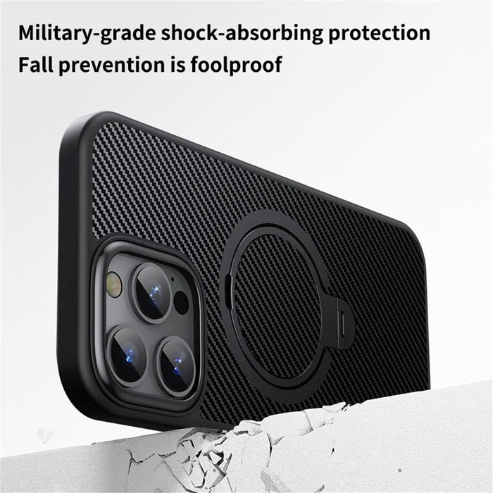 For iPhone 16 Pro Max Magnetic Case Carbon Fiber Texture PC+TPU Phone Cover Rotatable Kickstand - Black - 5