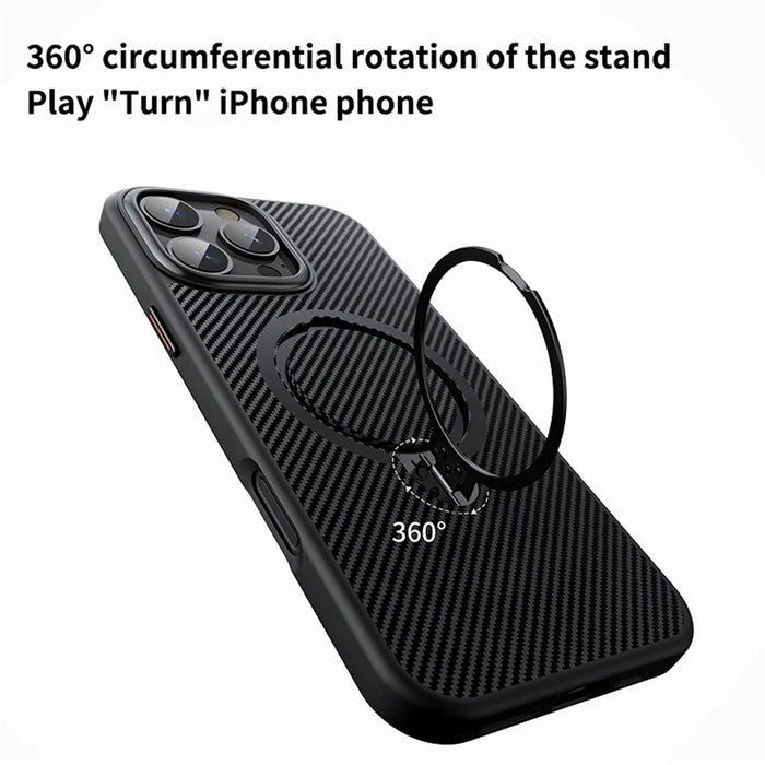 For iPhone 16 Pro Max Magnetic Case Carbon Fiber Texture PC+TPU Phone Cover Rotatable Kickstand - Black - 6