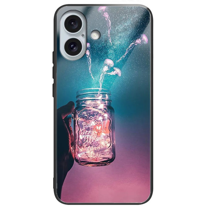For iPhone 16 Case Tempered Glass+TPU Phone Protector Pattern Printing - Bottle Jellyfish - 1