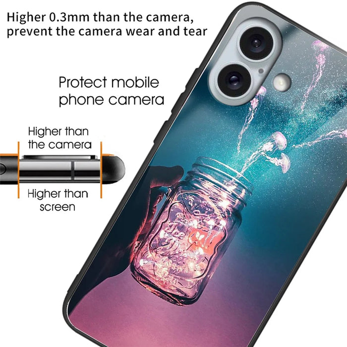 For iPhone 16 Case Tempered Glass+TPU Phone Protector Pattern Printing - Bottle Jellyfish - 2