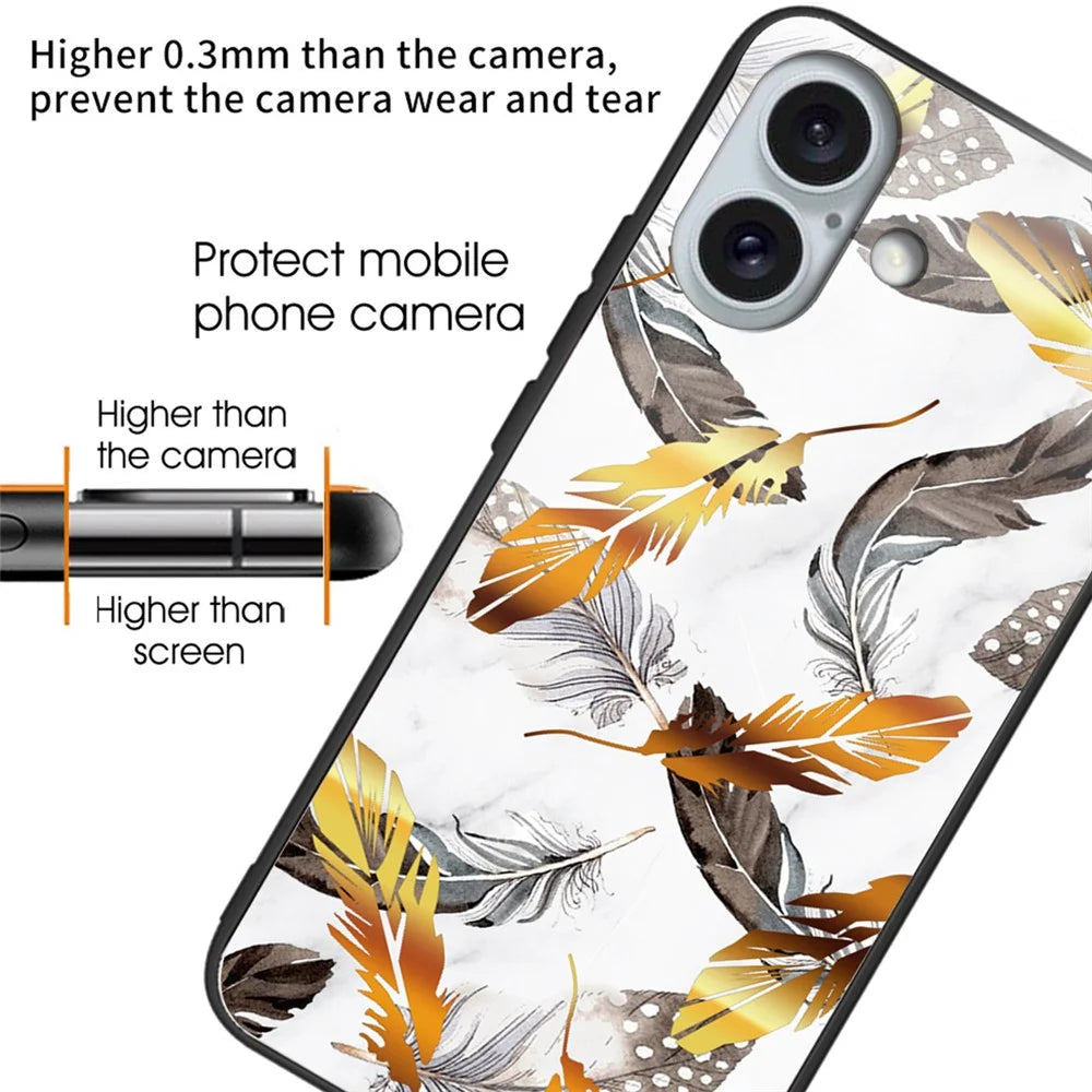 For iPhone 16 Plus Case Pattern Printing Tempered Glass+TPU Phone Cover - Golden Leaves - 2
