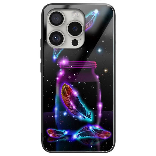 For iPhone 16 Pro Max Case Tempered Glass+TPU Phone Shell Pattern Printing - Fluorescent Feather - 1