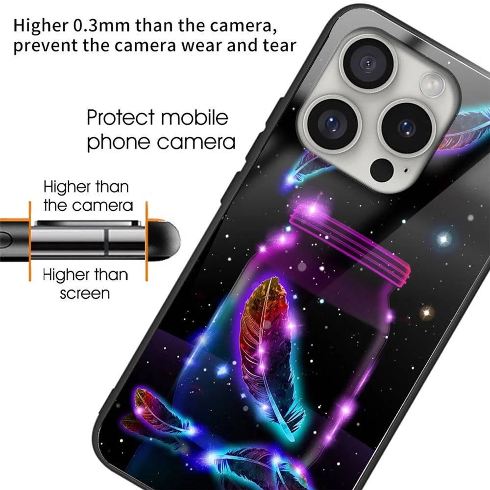 For iPhone 16 Pro Max Case Tempered Glass+TPU Phone Shell Pattern Printing - Fluorescent Feather - 2