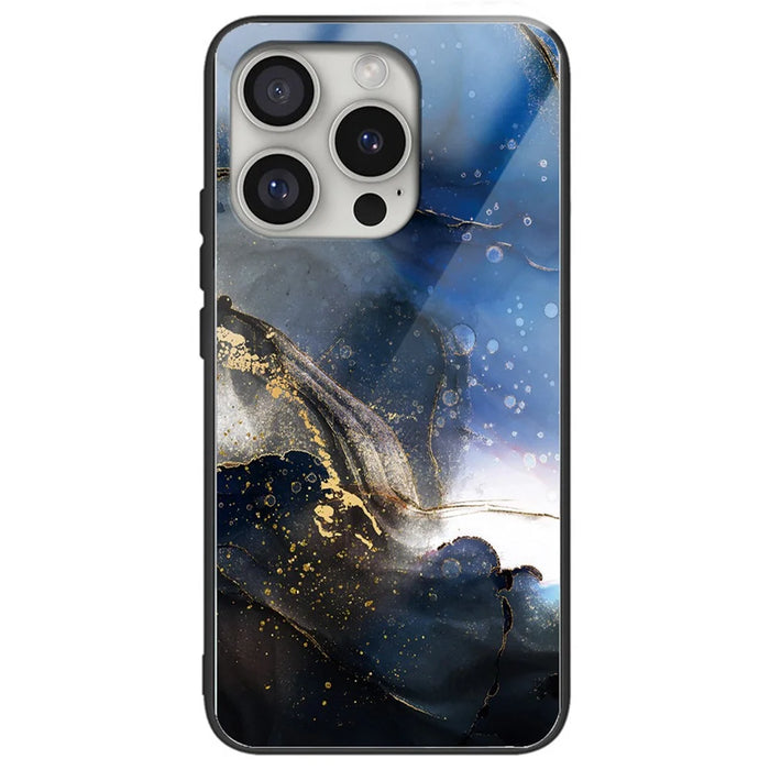 For iPhone 16 Pro Cases Tempered Glass+TPU Pattern Printing Phone Case - Black Blue - 1
