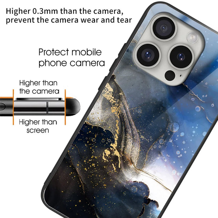 For iPhone 16 Pro Cases Tempered Glass+TPU Pattern Printing Phone Case - Black Blue - 2