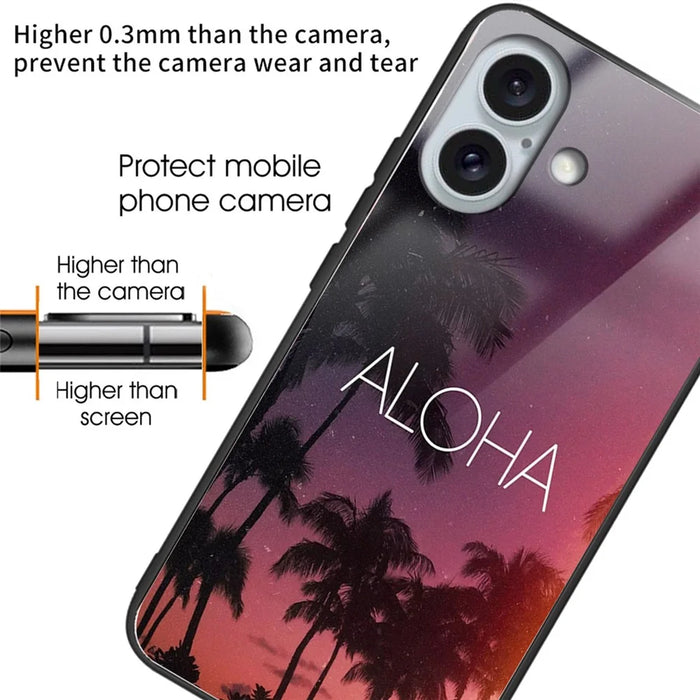 For iPhone 16 Cases Tempered Glass+TPU Shockproof Phone Cover Pattern Printed - ALOHA - 2