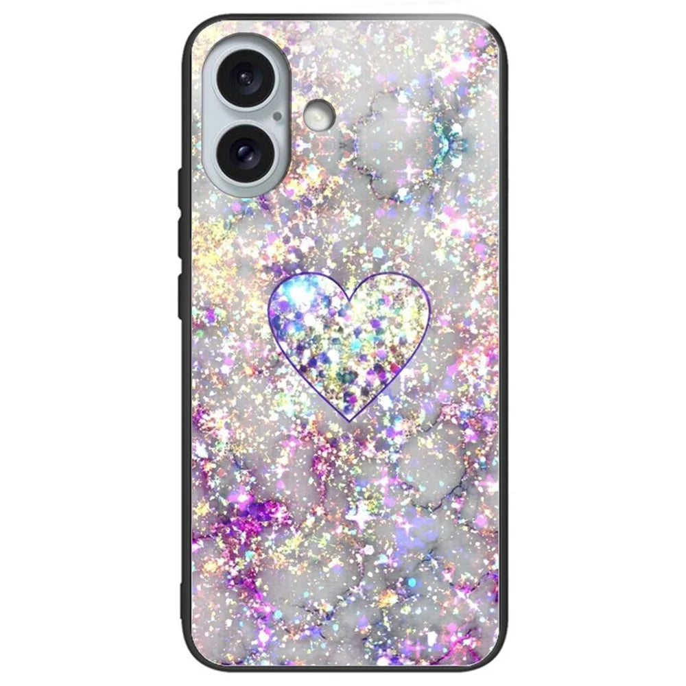 For iPhone 16 Plus Case Pattern Printed Tempered Glass+TPU Anti-Drop Phone Cover - Brilliant Heart - 1