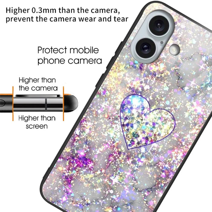 For iPhone 16 Plus Case Pattern Printed Tempered Glass+TPU Anti-Drop Phone Cover - Brilliant Heart - 2