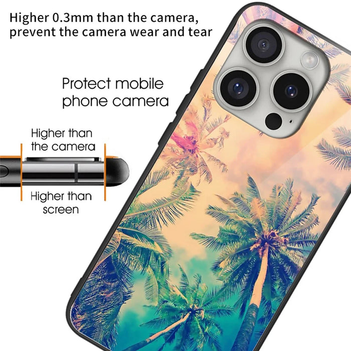 For iPhone 16 Pro Max Case Tempered Glass+TPU Phone Cover Pattern Printed - Tree - 2