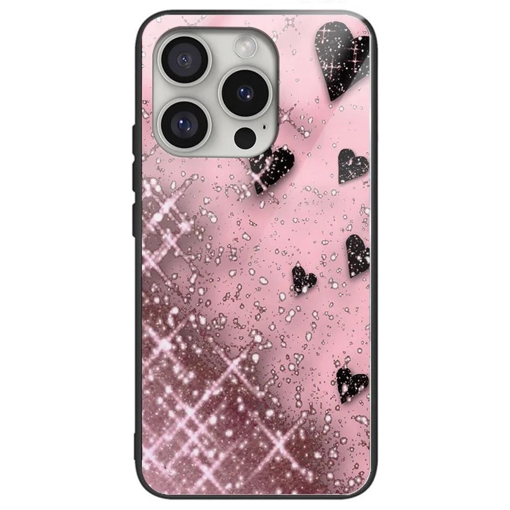 For iPhone 16 Pro Cases Pattern Printed Anti-Drop Tempered Glass+TPU Phone Cover - Love / Pink - 1