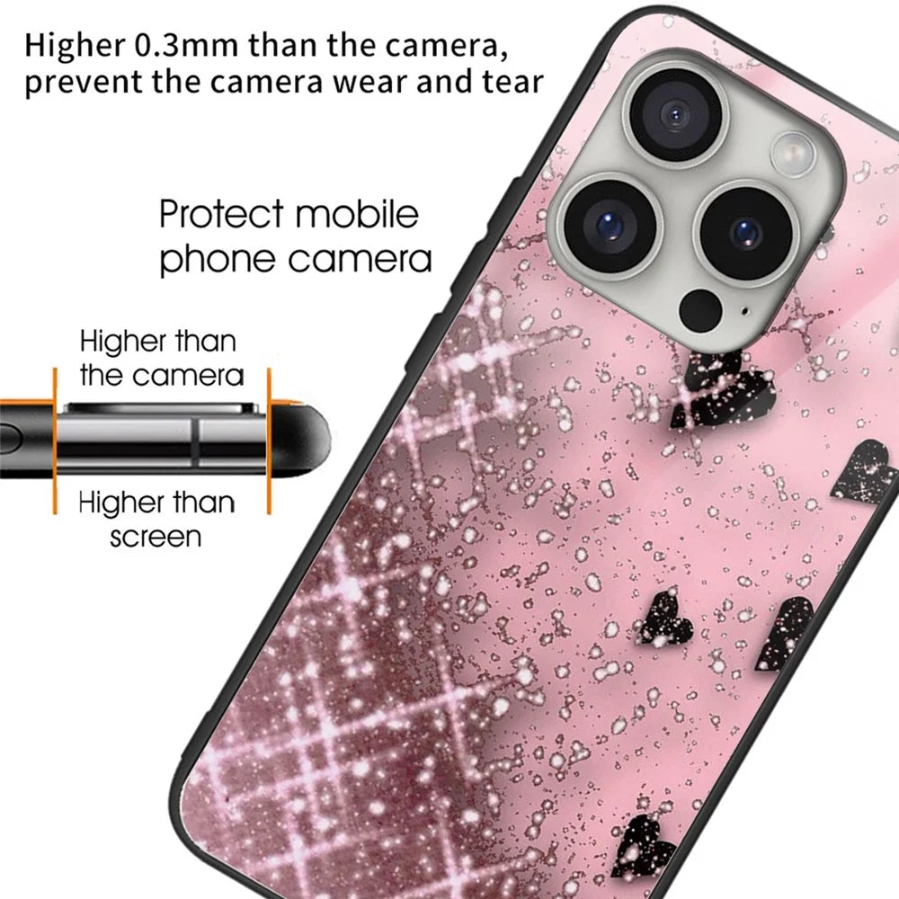 For iPhone 16 Pro Cases Pattern Printed Anti-Drop Tempered Glass+TPU Phone Cover - Love / Pink - 2