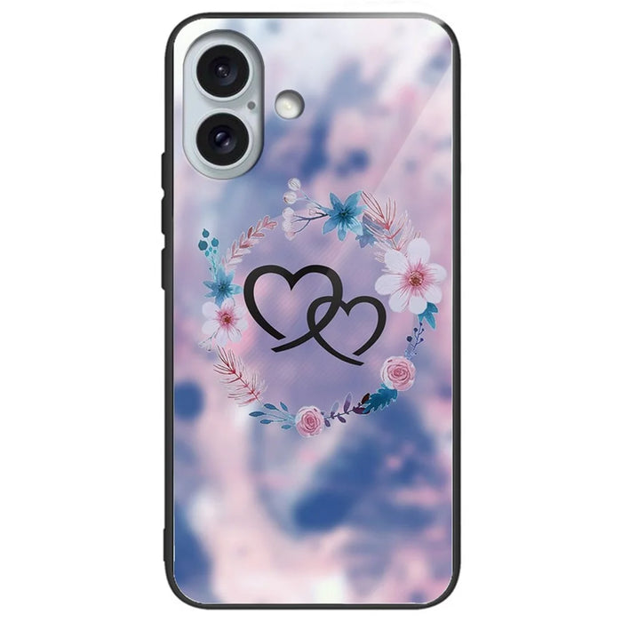 For iPhone 16 Plus Cases Pattern Printed Shockproof TPU Phone Cover Tempered Glass Back - Heart to Heart / Flower - 1