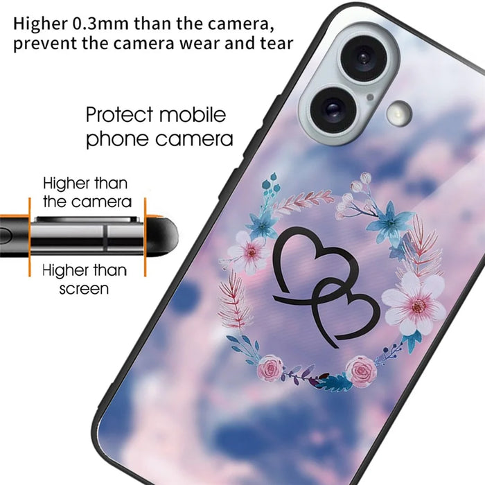 For iPhone 16 Plus Cases Pattern Printed Shockproof TPU Phone Cover Tempered Glass Back - Heart to Heart / Flower - 2