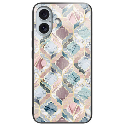 For iPhone 16 Cases Shockproof Tempered Glass+TPU Phone Cover Pattern Printed - Tile Marble - 1