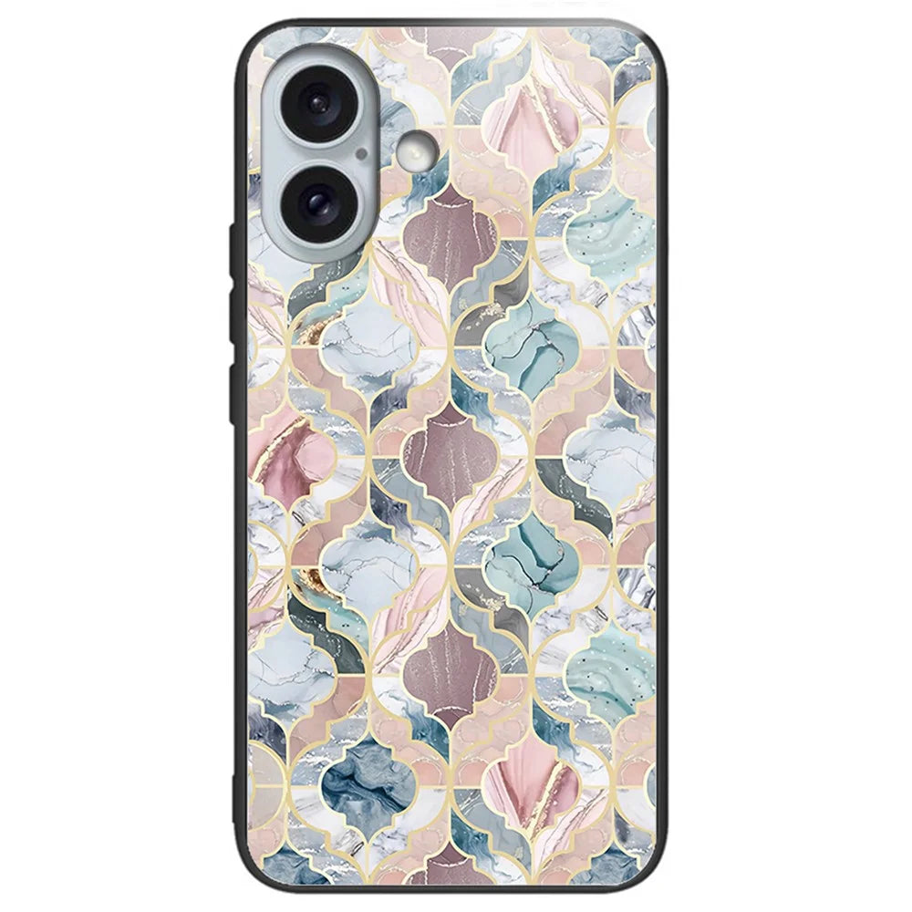 For iPhone 16 Cases Shockproof Tempered Glass+TPU Phone Cover Pattern Printed - Tile Marble - 1