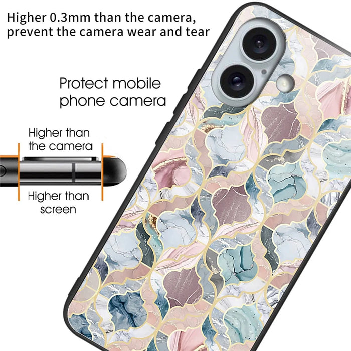 For iPhone 16 Cases Shockproof Tempered Glass+TPU Phone Cover Pattern Printed - Tile Marble - 2