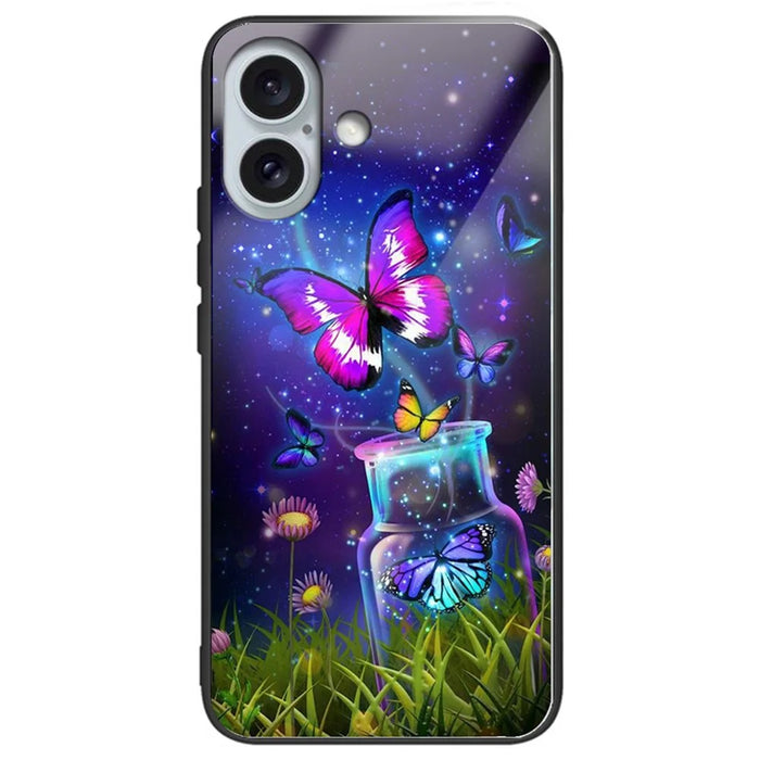 For iPhone 16 Cases Pattern Printed Tempered Glass+TPU Drop-Proof Phone Cover - Bottle / Butterfly - 1