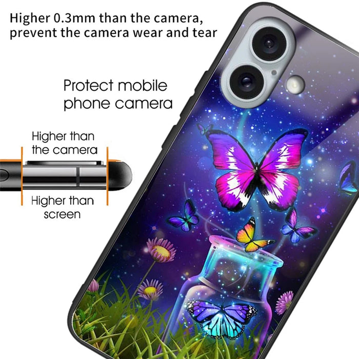 For iPhone 16 Cases Pattern Printed Tempered Glass+TPU Drop-Proof Phone Cover - Bottle / Butterfly - 2