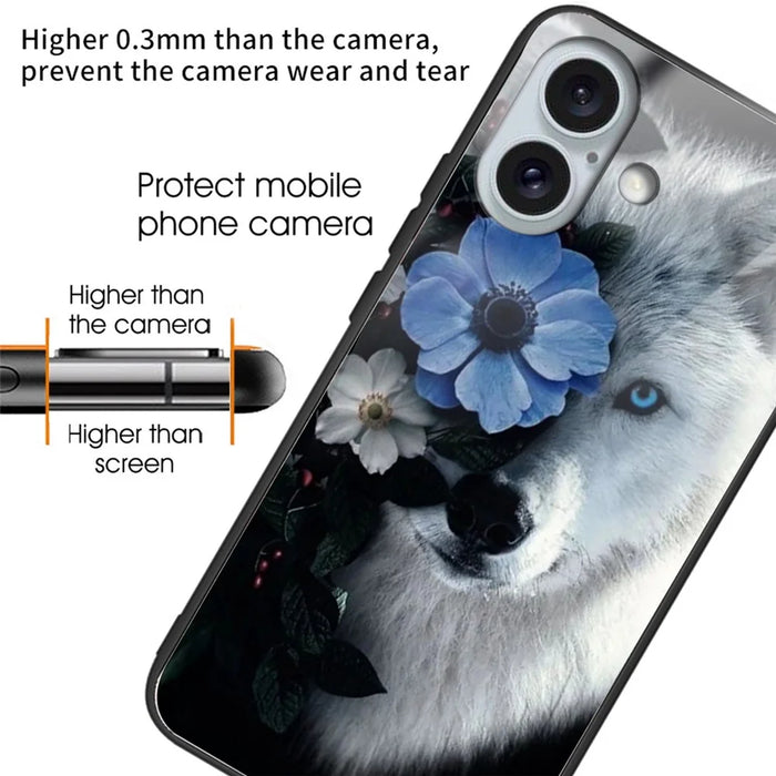 For iPhone 16 Plus Case Pattern Printing Tempered Glass+TPU Phone Cover - Wolf - 2