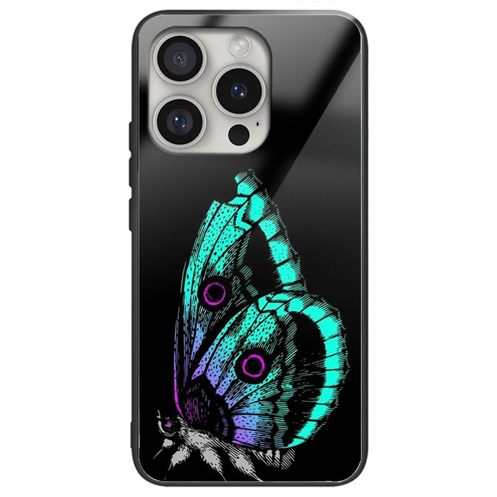 For iPhone 16 Pro Case Pattern Printing Tempered Glass Back TPU Phone Cover - Butterfly - 1
